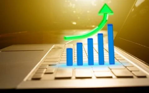 Computer notebook tablet keyboard control chart graph blue green arrow grow.. Stock Photos