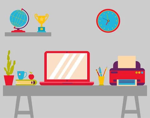 Computer with objects. Office desk with laptop, printer, documents. Stock Illustration