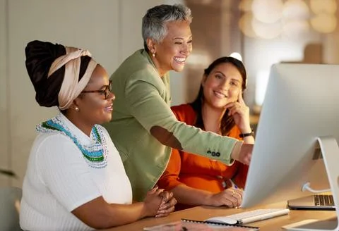 Computer, office and manager training women with research for a corporate Stock Photos