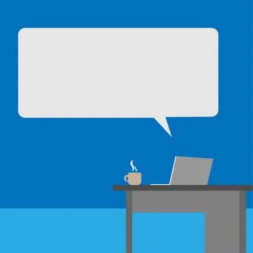 Computer on office desk with speech bubble in trendy flat style isolated on b Stock Illustration