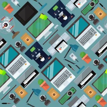 Computer office equipment seamless pattern. Laptop, monitor, tablet pc Stock Illustration