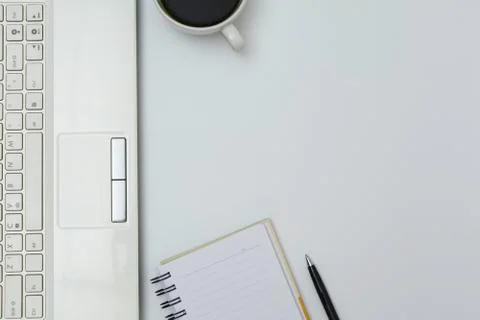 Computer with office equipment on white background for technology and busines Stock Photos