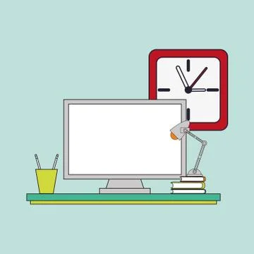 Computer with office related icons Stock Illustration