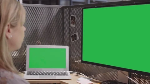 Computer Office Screen, Office View of Business Woman at Desk Businesswomen View Stock Footage 97376926