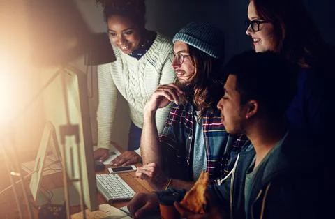 Computer, office teamwork or night team programming ERP software, cybersecurity Stock Photos