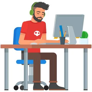 Computer office work desk vector character isolated on white 库存插图