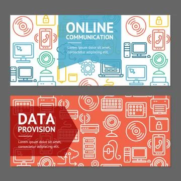 Computer Online Communication Flyer Banner Posters Card Set. Vector Illustrazione stock