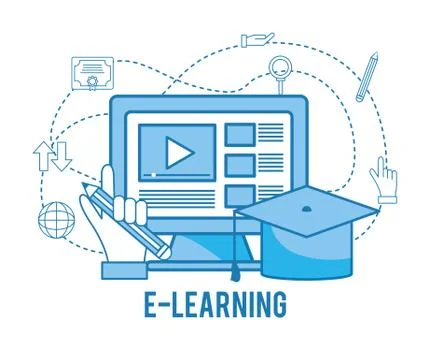 Computer online study with graduation cap Illustrazione stock