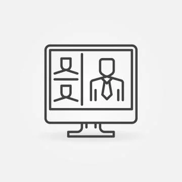 Computer with Online Video Conference vector linear icon 스톡 일러스트