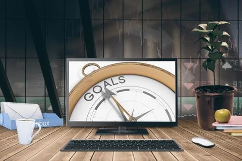 A computer over a desk  against compass pointing to goals Stock Illustration