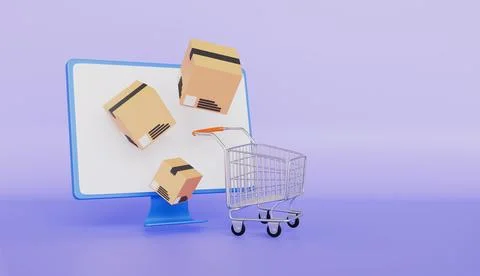 Computer with a package box bursting out with shopping cart, Online ordering Stock-Illustration