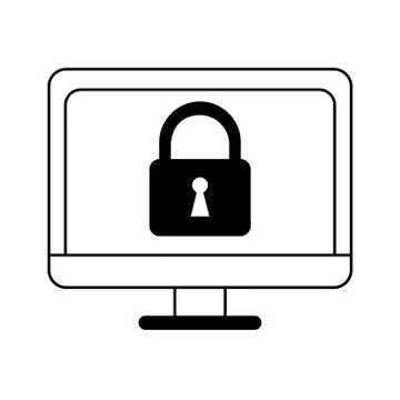 Computer with padlock security black and white Illustrazione stock