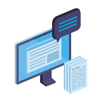 Computer with paper document files and speech bubble Illustrazione stock