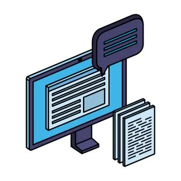 Computer with paper document files and speech bubble Illustrazione stock