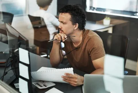Computer, paperwork and thinking with web designer man in office for proble.. 写真素材