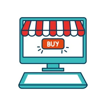 Computer with parasol and buy button Illustrazione stock