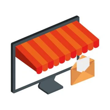 Computer with parasol and envelope isolated icon Stock Illustration