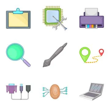 Computer part icons set, cartoon style Illustrazione stock