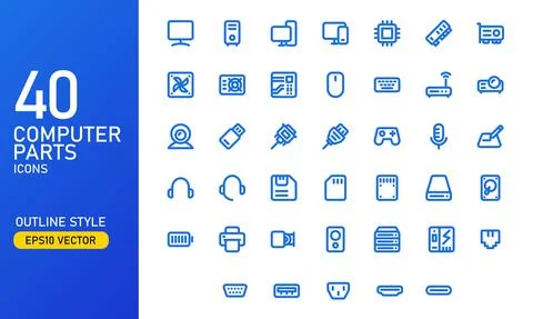 Computer parts and components icon set.  Stock Illustration