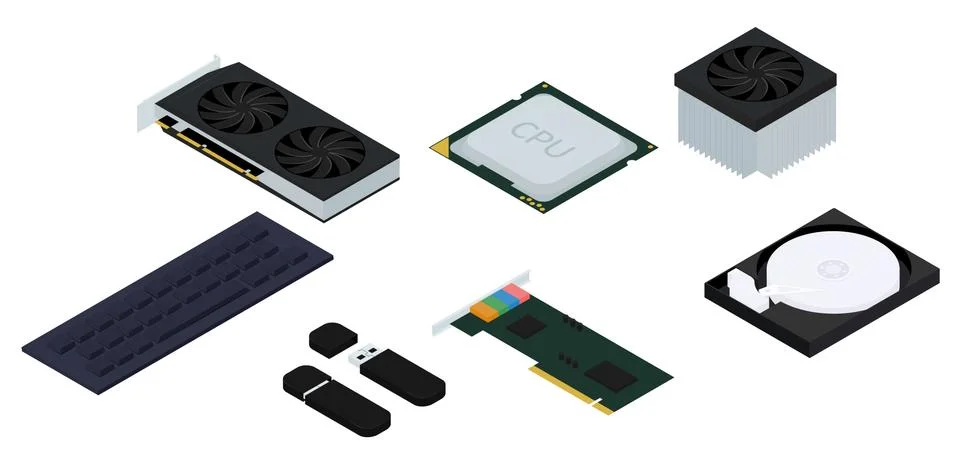Computer parts isometric vector illustration Illustrazione stock
