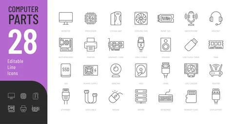 Computer Parts Line Editable Icons set. Stock Illustration
