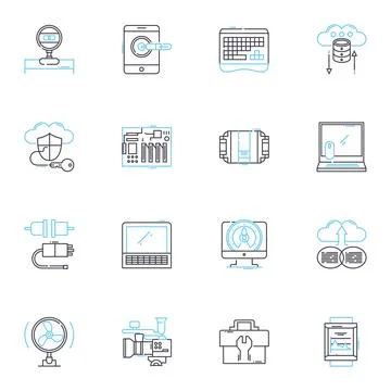 Computer parts linear icons set. Motherboard, Processor, Graphics card, RAM Illustrazione stock
