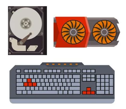 Computer parts network component accessories various electronics devices and Illustrazione stock