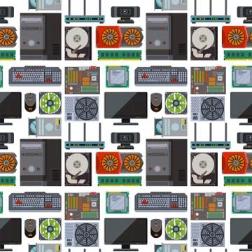 Computer parts network component accessories various electronics devices Illustrazione stock
