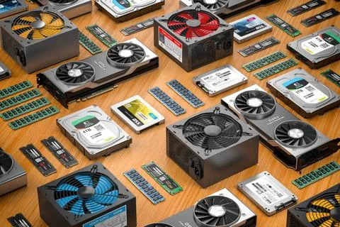 Computer parts on the table. Computer parts on the table. 3d illustration ... Stock Photos