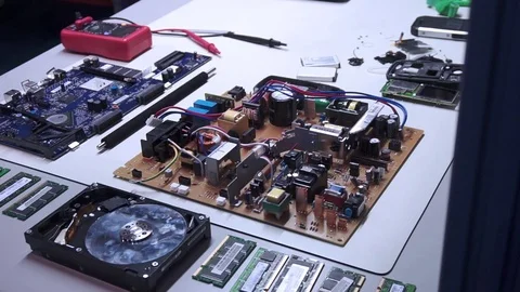 Computer parts on the table Stock Footage 82584817