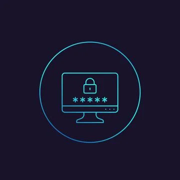 Computer with password access, security concept thin line icon Illustrazione stock