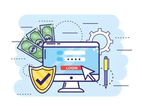 Computer with password and shield security with bills Illustrazione stock