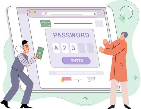Computer password hack, Cyber criminal with laptop stealing user personal data Illustrazione stock