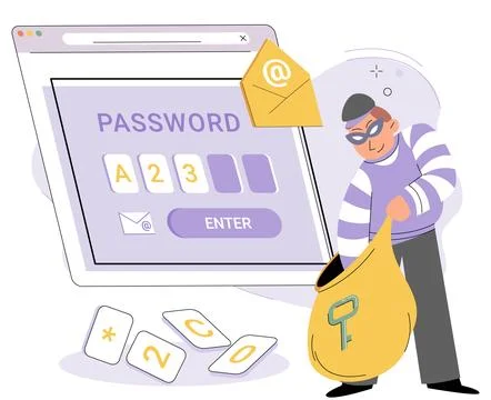 Computer password hack, Cyber criminal with laptop stealing user personal data Illustrazione stock