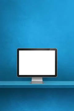 Computer pc on blue shelf. Vertical background Stock Illustration