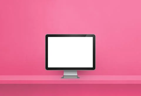 Computer pc on pink shelf banner Stock Illustration