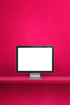 Computer pc on pink shelf. Vertical background Stock Illustration