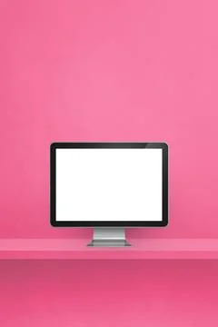 Computer pc on pink shelf. Vertical background Stock Illustration