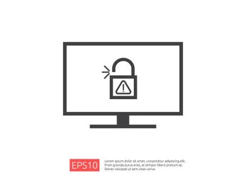 Computer PC screen with open padlock attention icon exclamation warning alert Stock Illustration