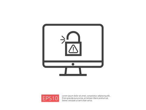 Computer PC screen with open padlock attention icon exclamation warning alert Stock Illustration