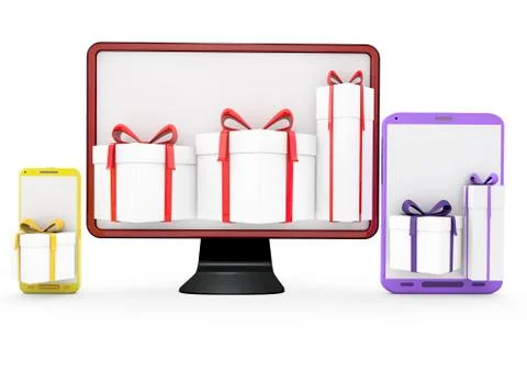 Computer, pc, tablet and gifts. Stock Illustration