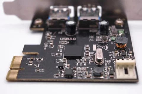 Computer PCI-E to USB 3.0 Expasion Card on white background. PCI-Express card Stock Photos
