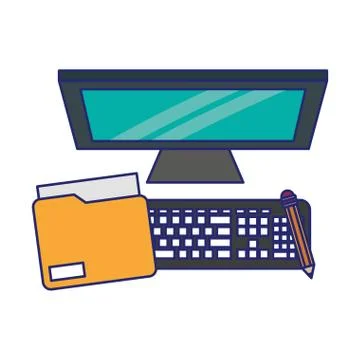 Computer with penciland document blue lines Stock Illustration
