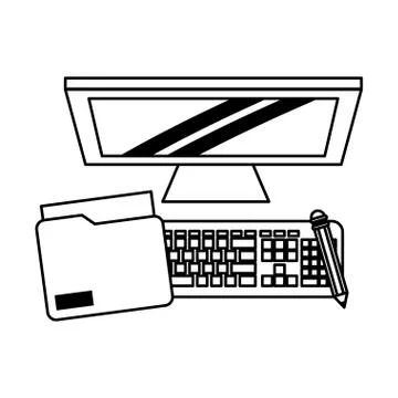 Computer with penciland document Stock Illustration
