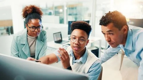 Computer, people and programmer in office with coach, learning update and Stock Photos