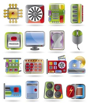 Computer  performance and equipment icons Stock Illustration