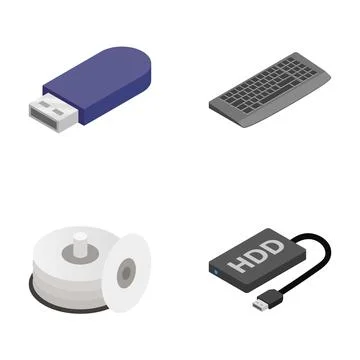 Computer peripheral hardware and data storage isometric icons Stockillustratie
