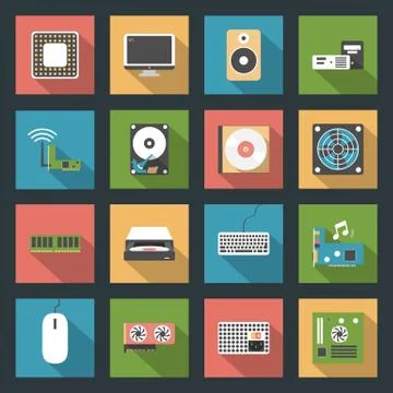 Computer peripherals and parts flat icons set Stock Illustration