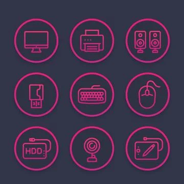 Computer peripherals line icons set Stock Illustration