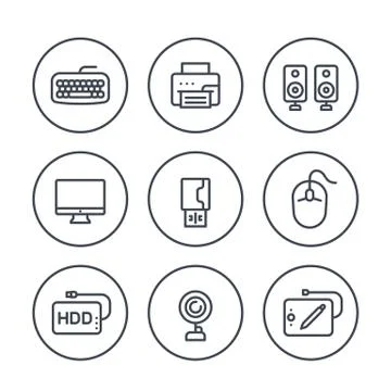 Computer peripherals line icons on white Stock Illustration